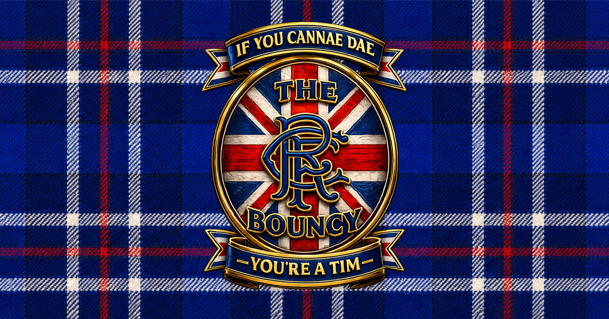Close-up of the If You Cannae Dae The Bouncy zip pouch showing the tartan designand crest