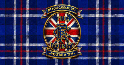 Close-up of the If You Cannae Dae The Bouncy zip pouch showing the tartan designand crest