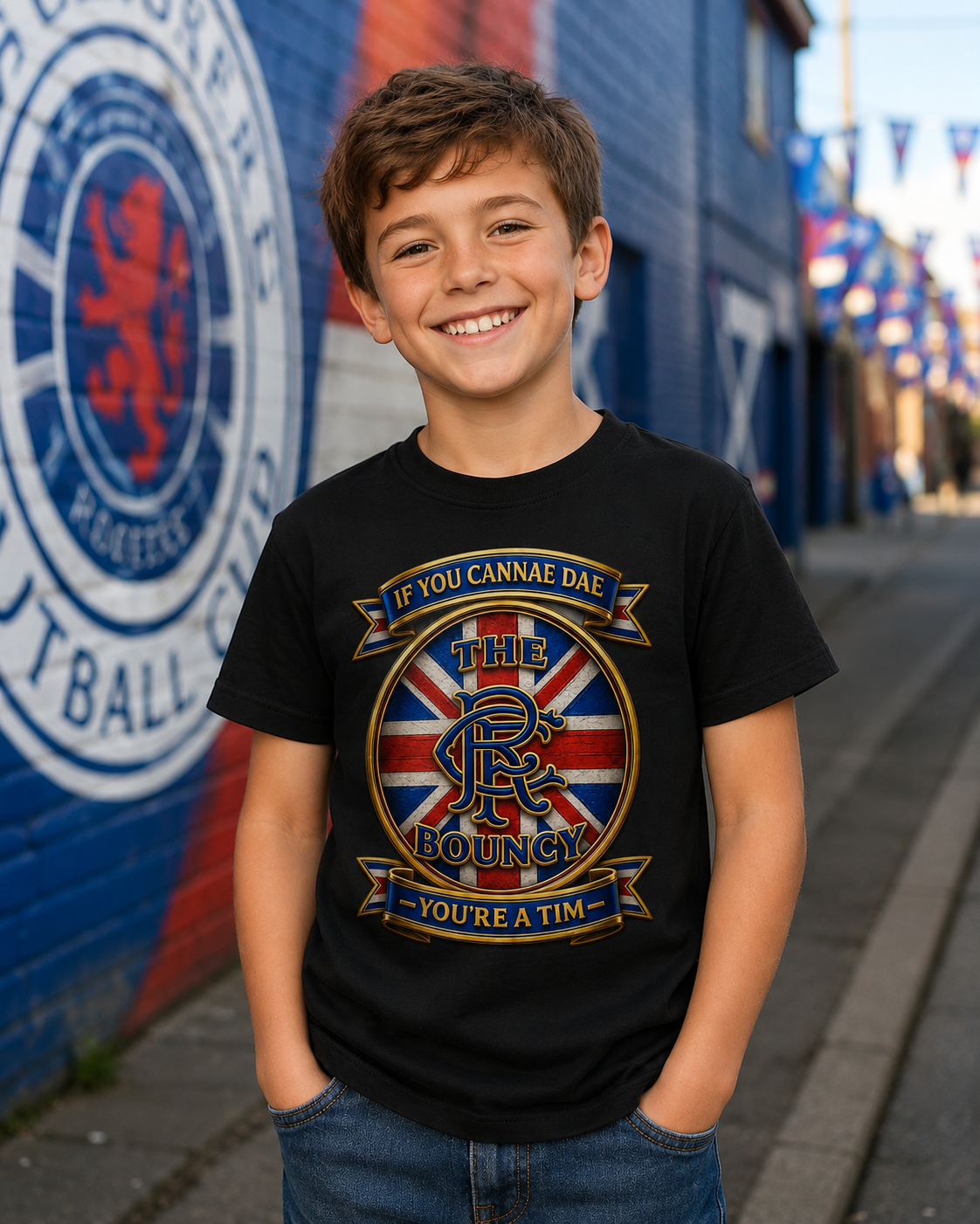 Smiling young boy wearing the If You Cannae Dae The Bouncy youth t-shirt in black featuring the exact Union Flag crest design and slogan, standing in a football-themed street setting.