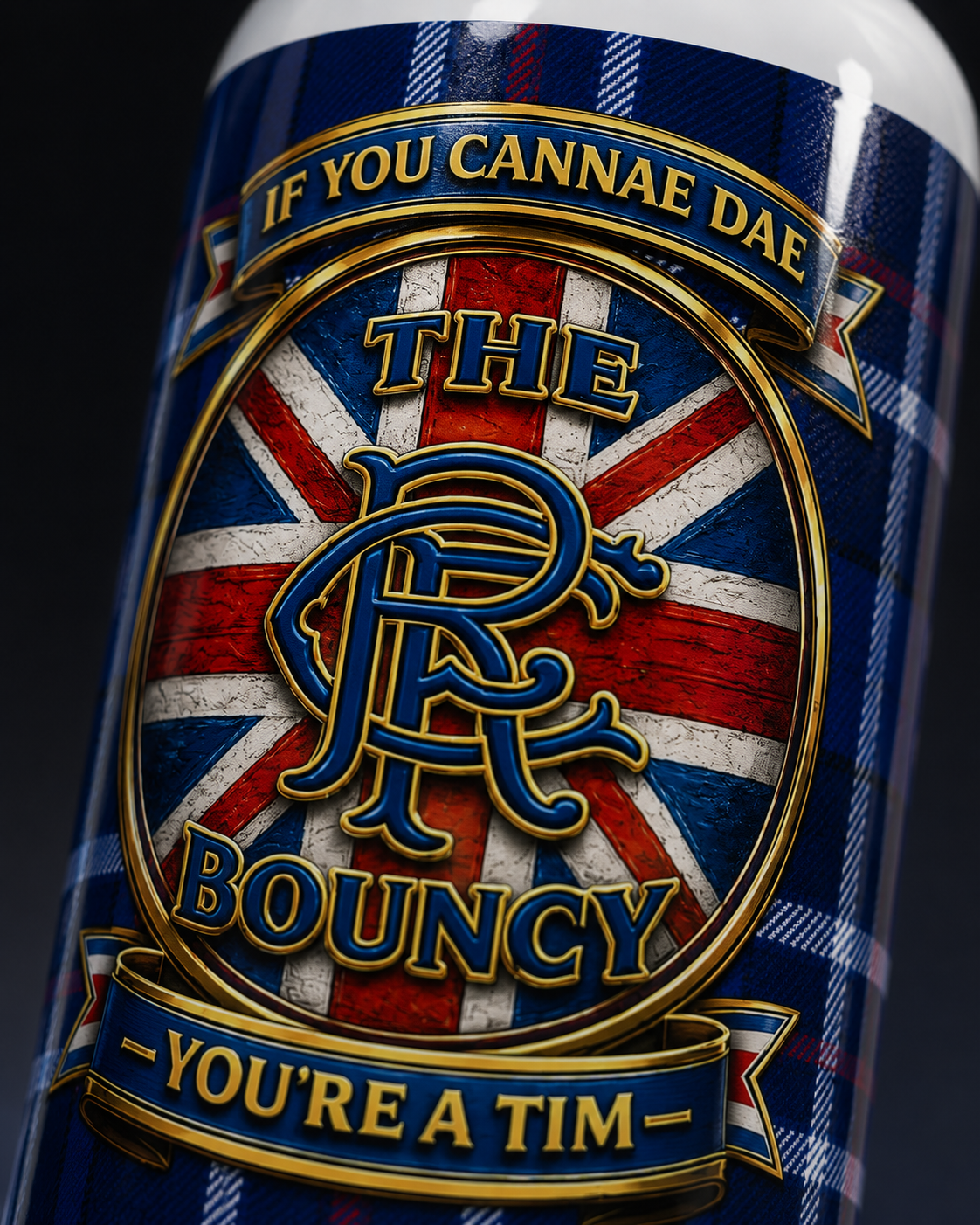 Close-up of the If You Cannae Dae The Bouncy artwork printed on an aluminium sports bottle, showing the tartan background and crest details.