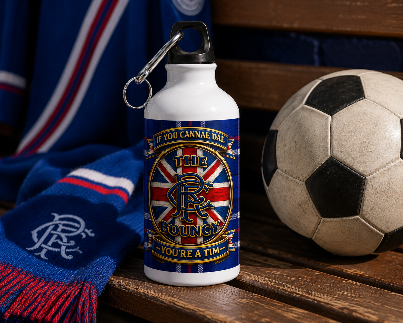 If You Cannae Dae The Bouncy sports water bottle displayed beside a football and supporter scarf on a wooden bench.