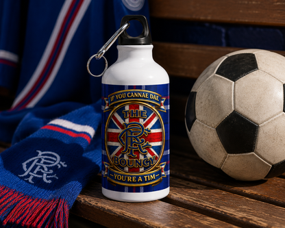 If You Cannae Dae The Bouncy sports water bottle displayed beside a football and supporter scarf on a wooden bench.
