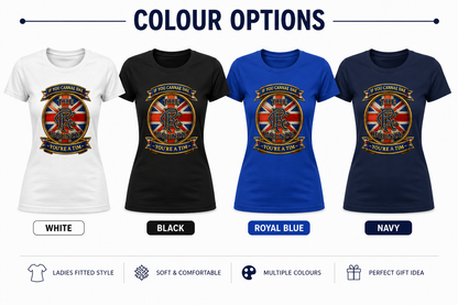 If You Cannae Dae The Bouncy ladies fitted t-shirt shown in white, black, royal blue and navy colour options featuring the exact Union Flag crest design.