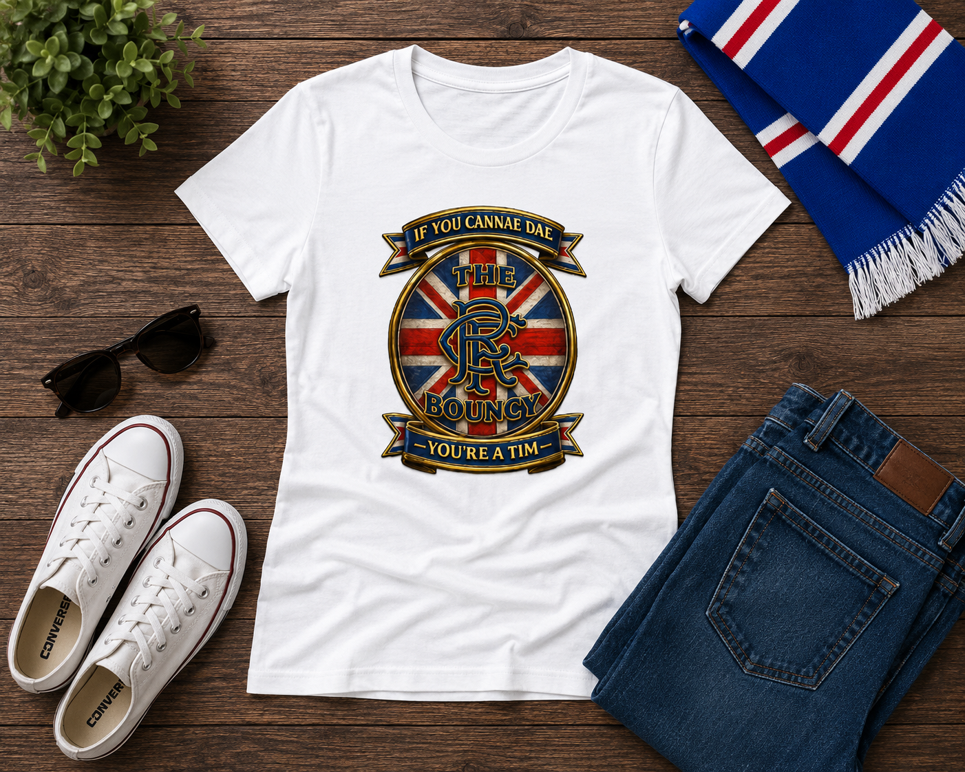 If You Cannae Dae The Bouncy ladies fitted t-shirts displayed in white, black, royal blue and navy on a rustic wooden surface with jeans, trainers, sunglasses and football-inspired accessories.