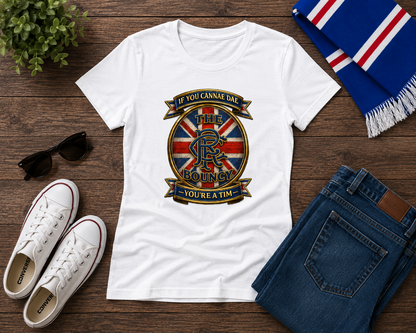 If You Cannae Dae The Bouncy ladies fitted t-shirts displayed in white, black, royal blue and navy on a rustic wooden surface with jeans, trainers, sunglasses and football-inspired accessories.