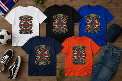 If You Cannae Dae The Bouncy youth t-shirt shown in white, black, royal blue, navy and orange colour options featuring the exact Union Flag crest design.