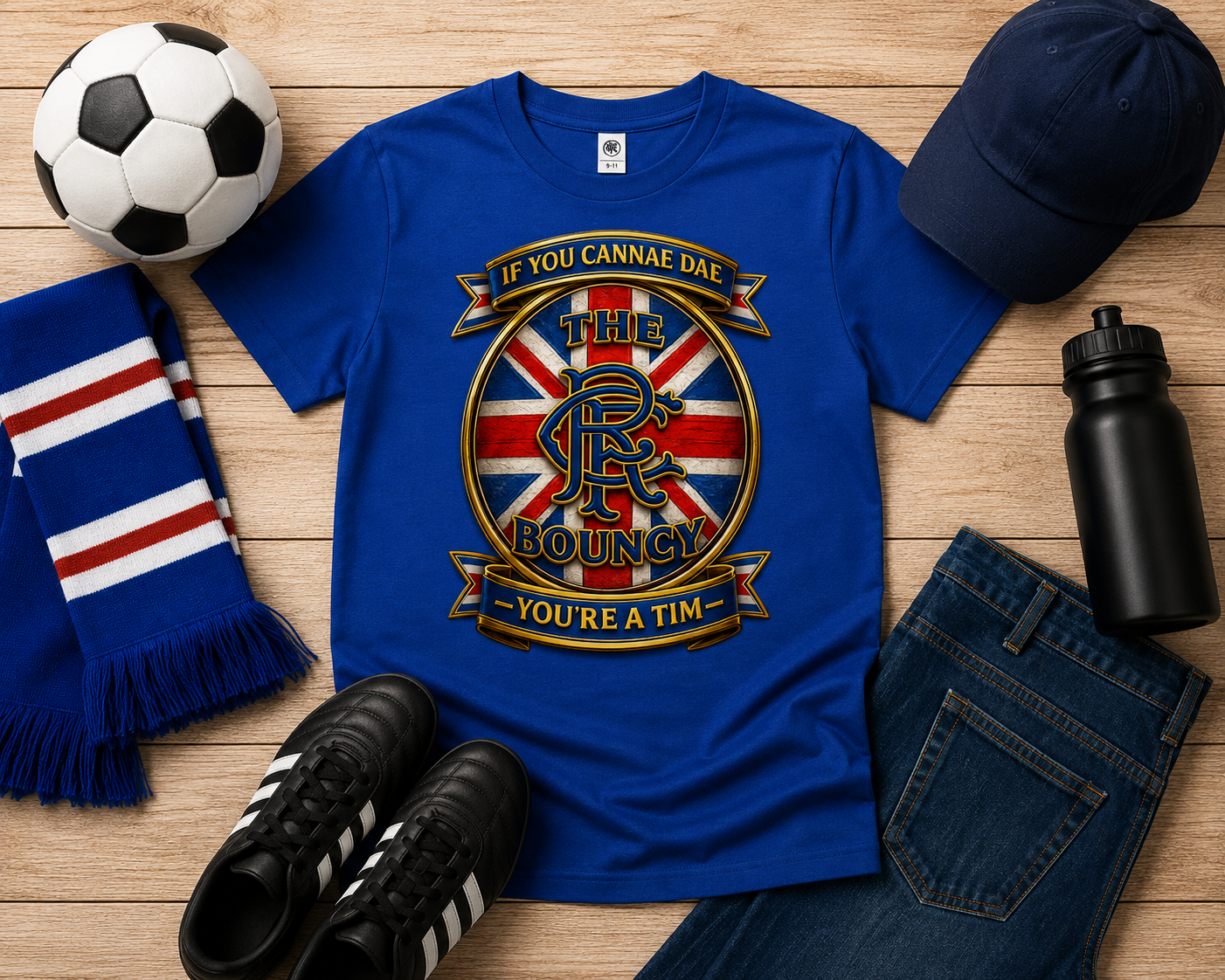 Royal blue If You Cannae Dae The Bouncy youth t-shirt displayed in a football-themed flat lay with scarf, football, trainers, water bottle and jeans.