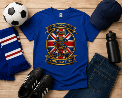 Royal blue If You Cannae Dae The Bouncy youth t-shirt displayed in a football-themed flat lay with scarf, football, trainers, water bottle and jeans.