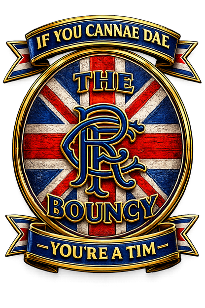 Close-up of the If You Cannae Dae The Bouncy supporter crest design featuring a Union Flag background, banner details and embroidered-style artwork.