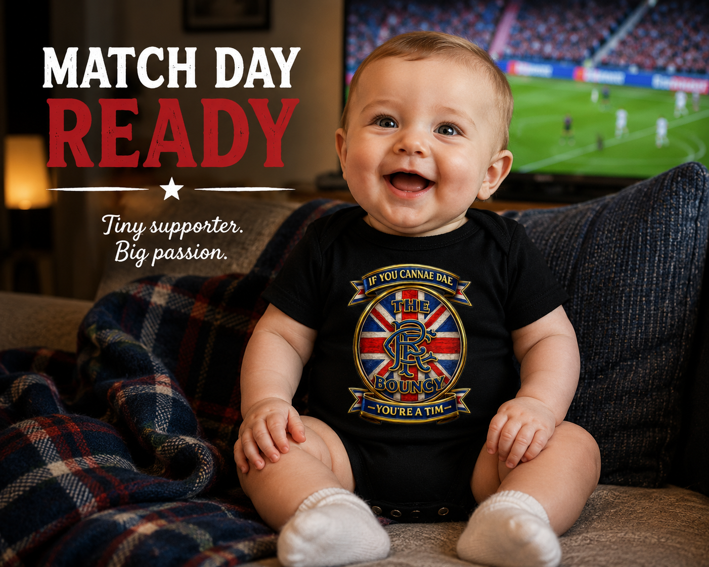 Baby wearing If You Cannae Dae The Bouncy You're a Tim bodysuit on match day