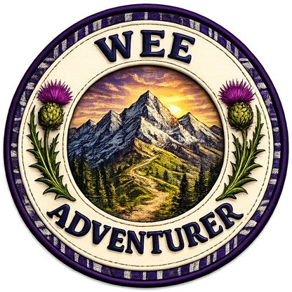 Close-up of the Wee Adventurer badge featuring Scottish mountains, thistles and adventure-themed artwork.