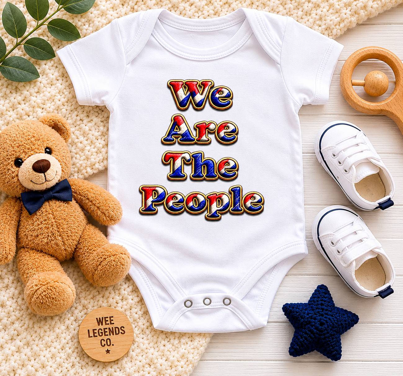White We Are The People baby bodysuit displayed in a flat lay arrangement with teddy bear, baby shoes, wooden teether and soft nursery accessories on a neutral background.