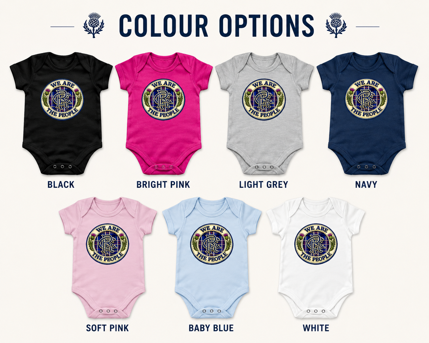 We Are The People badge baby bodysuit colour options available in black, bright pink, light grey, navy, soft pink, baby blue and white.