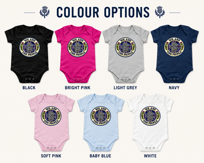 We Are The People badge baby bodysuit colour options available in black, bright pink, light grey, navy, soft pink, baby blue and white.