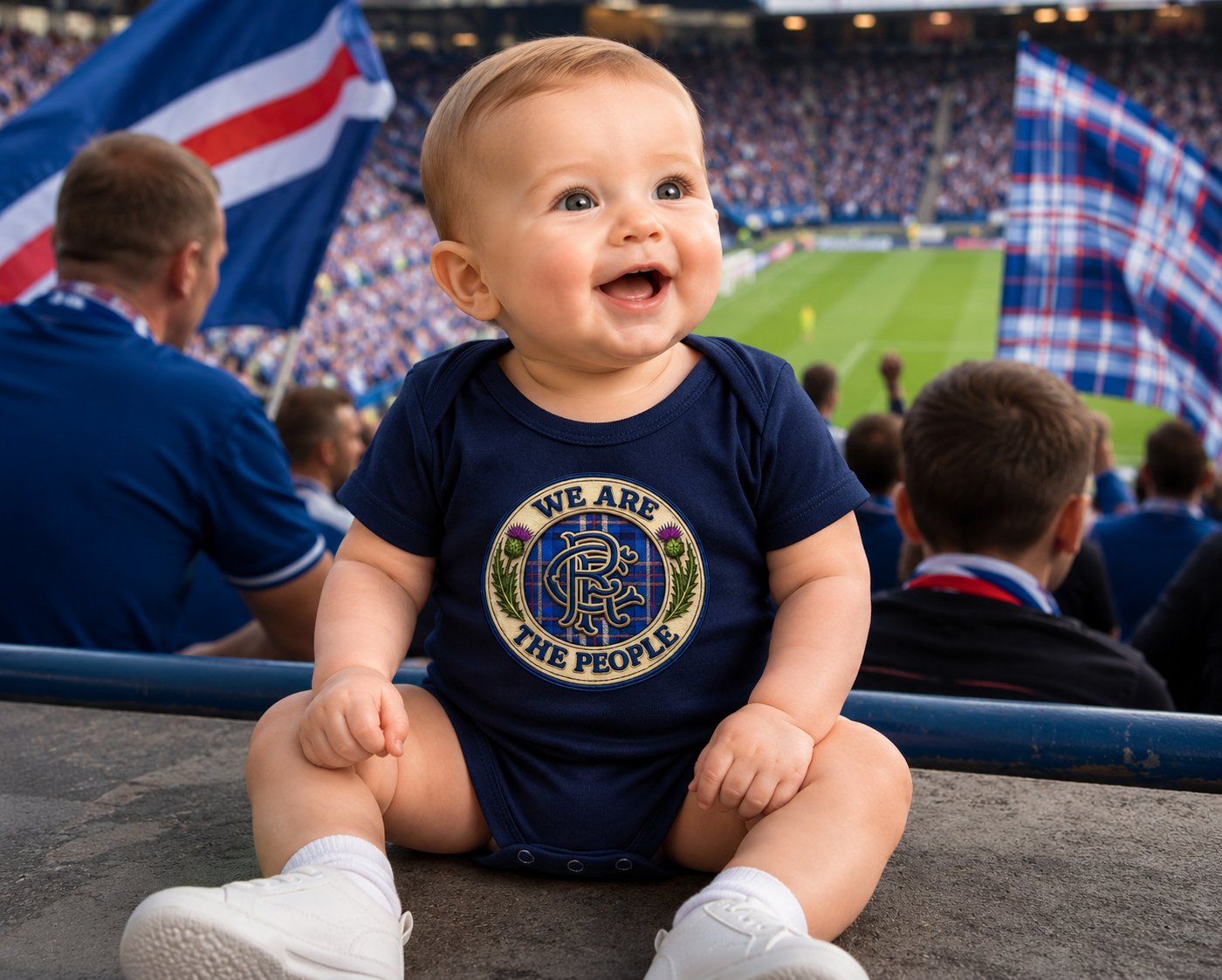 Smiling baby wearing a navy We Are The People badge baby bodysuit featuring tartan crest design, sitting in football stadium stands on match day
