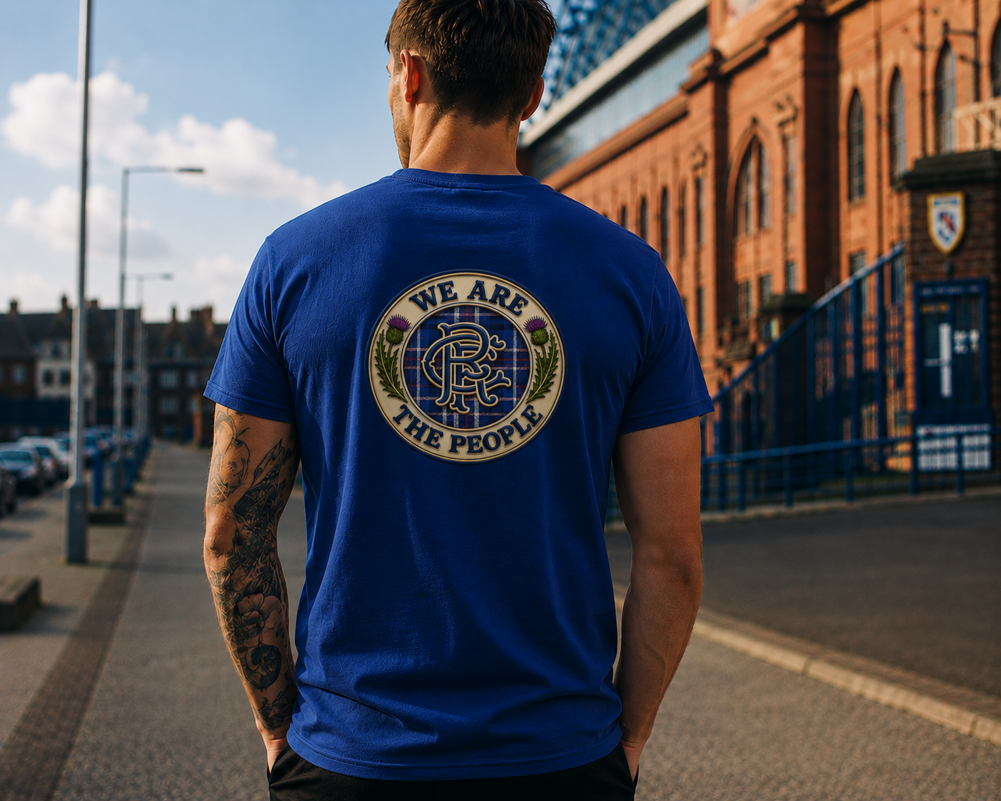 Man wearing a royal blue We Are The People Crest back print t-shirt outdoors with the large heritage-inspired crest design displayed on the back.