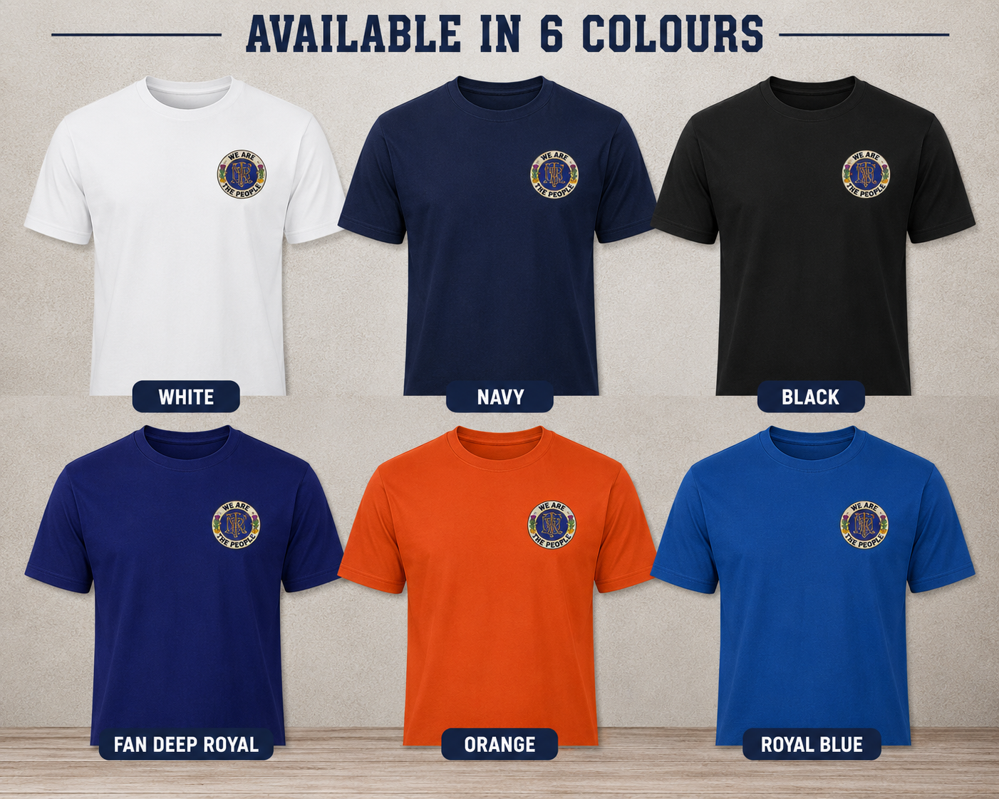 We Are The People Crest men's t-shirt available in white, navy, black, fan deep royal, orange and royal blue colour options with left chest badge design.