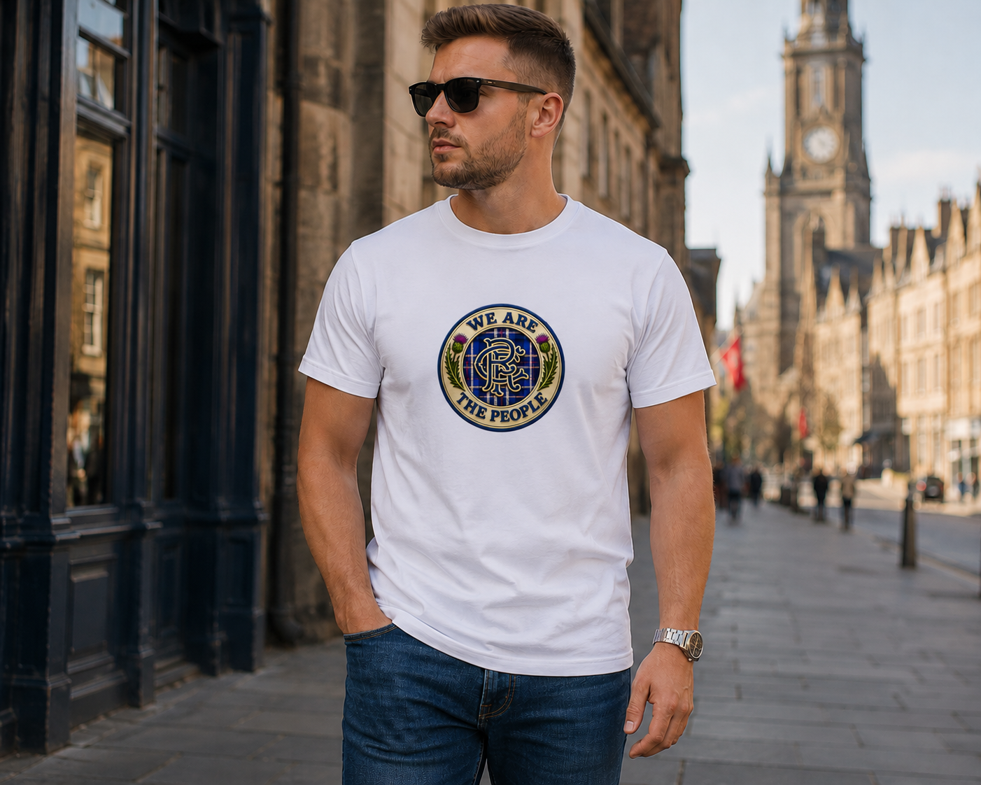 Man wearing a white We Are The People Crest t-shirt while walking through a historic city street.