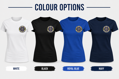 Colour options for the We Are The People Crest ladies fitted t-shirt showing white, black, royal blue and navy colours with the left chest crest design.