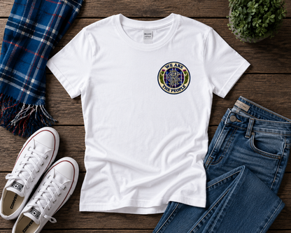 We Are The People Crest ladies fitted t-shirt displayed in a flat lay arrangement with jeans, white trainers and a blue tartan scarf.