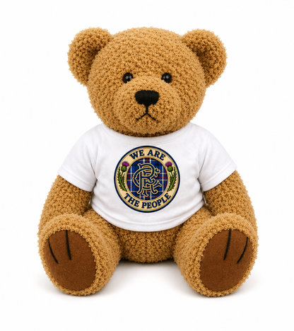 Soft teddy bear wearing our We Are The People Crest design t-shirt. A perfect Scottish gift for football-loving families, babies, children and collectors.