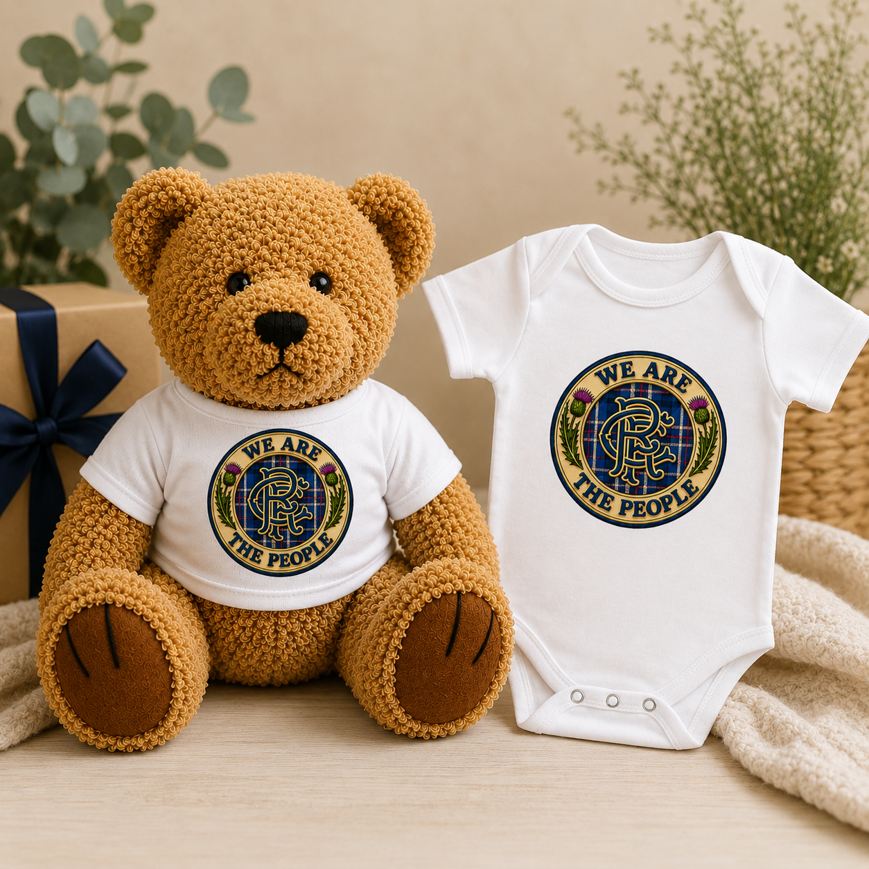 Scottish teddy bear and baby bodysuit gift set featuring the We Are The People tartan crest design. Matching plush teddy and white bodysuit displayed in a cosy nursery setting, perfect as a Scottish newborn gift, baby shower present or keepsake gift for little legends.