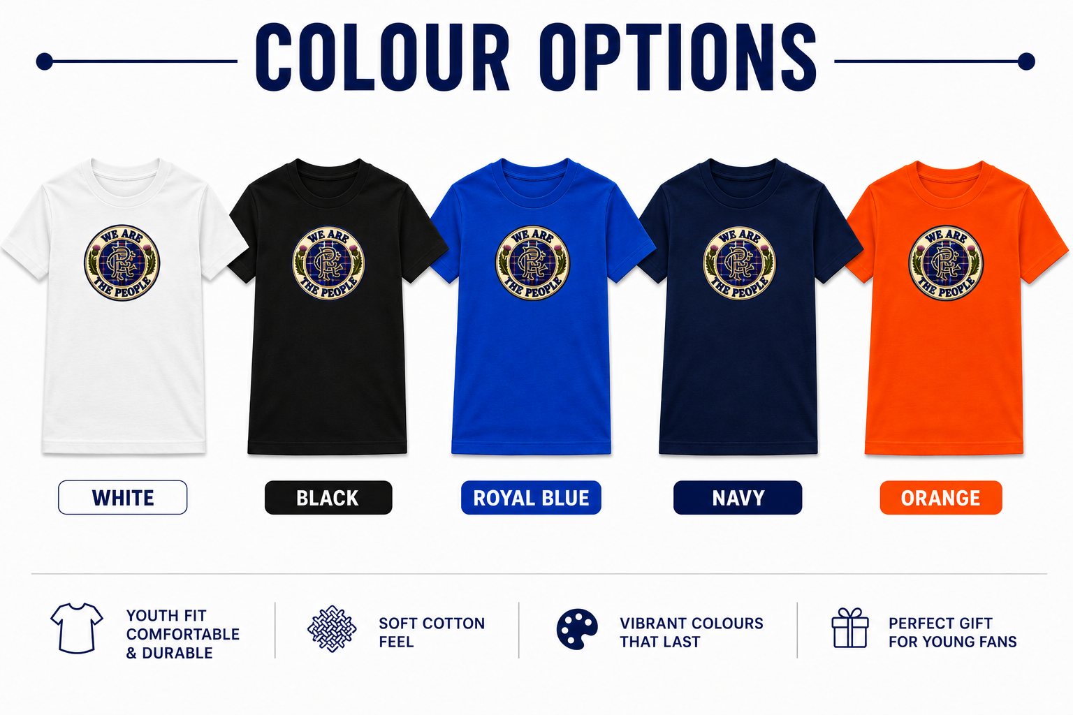 We Are The People Crest youth t-shirt available in white, black, royal blue, navy and orange colour options.