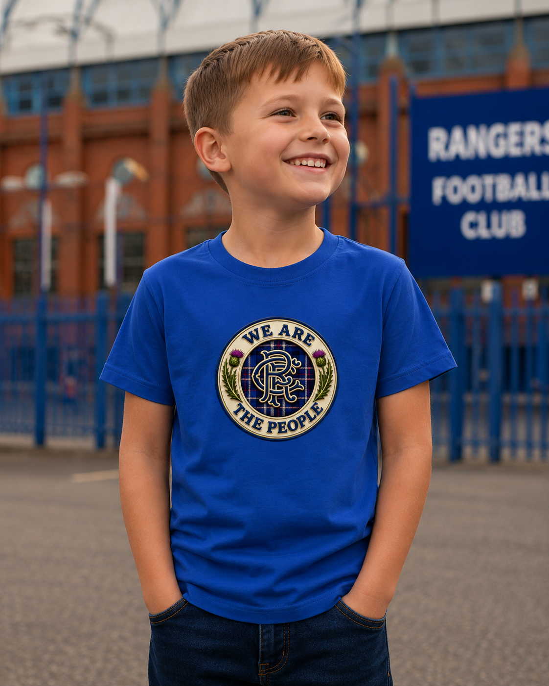 Young boy wearing the We Are The People Crest youth t-shirt in royal blue featuring a Scottish tartan crest design.