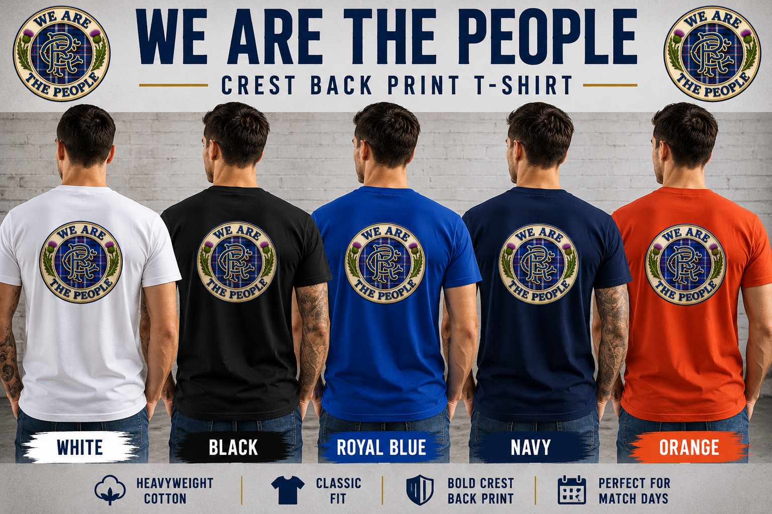 Colour options for the We Are The People Crest Back Print T-Shirt showing white, black, royal blue, navy and orange variations.