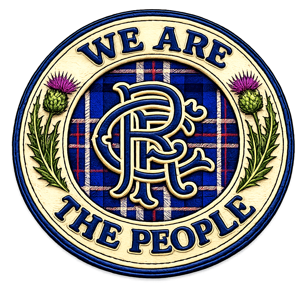 Close-up of We Are The People tartan crest design featuring blue monogram, Scottish thistles, cream badge border and tartan background.