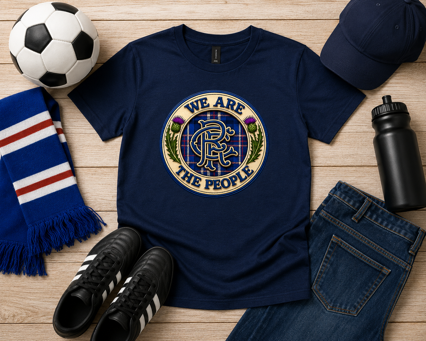 Navy We Are The People crest youth t-shirt displayed in a football-themed flat lay with scarf, football, trainers, cap, water bottle and jeans.