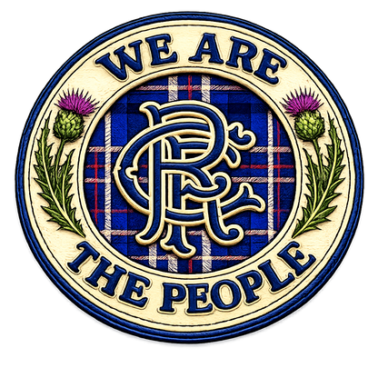 Close-up of the We Are The People Crest badge featuring tartan detailing, thistles and embroidered-style supporter artwork.