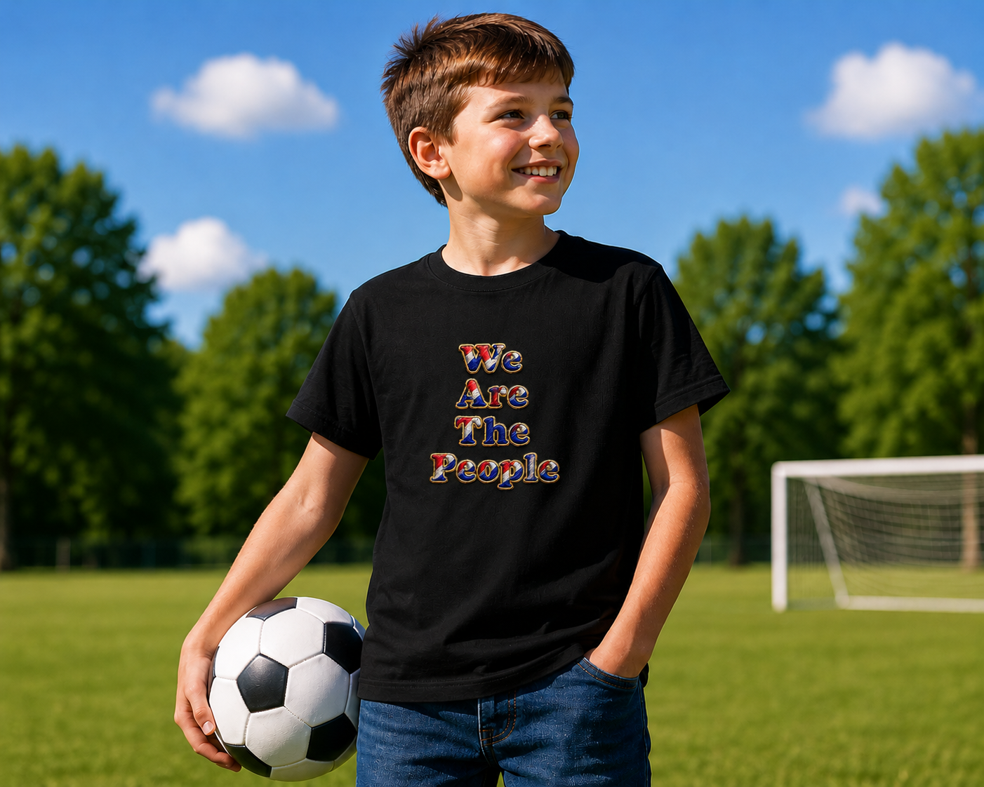 Young football supporter wearing a navy We Are The People youth t-shirt outdoors on a sunny sports field featuring red, white and blue lettering.