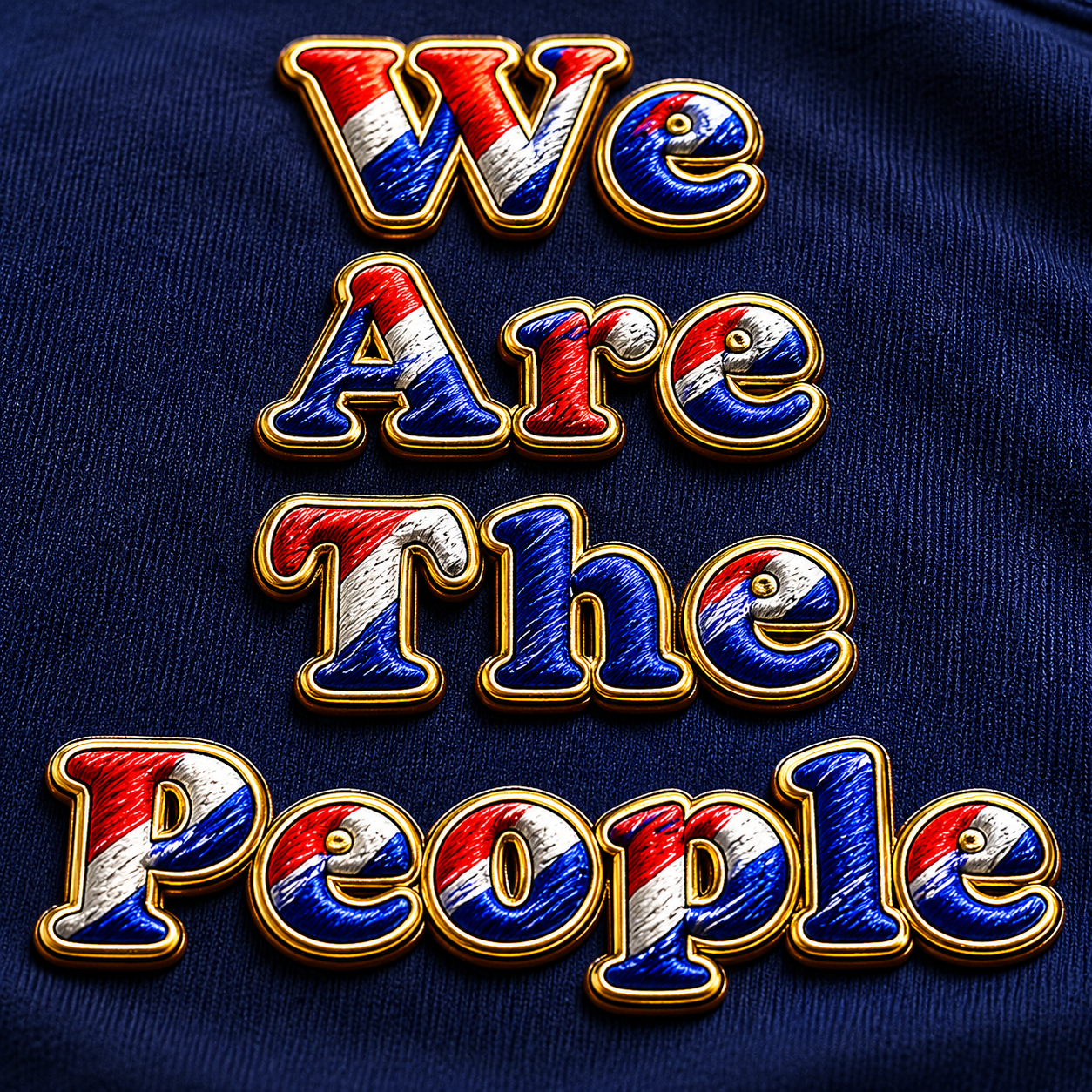 Close-up of the We Are The People Scottish football-inspired design featuring red, white and blue embroidered-style lettering and premium stitched detailing.