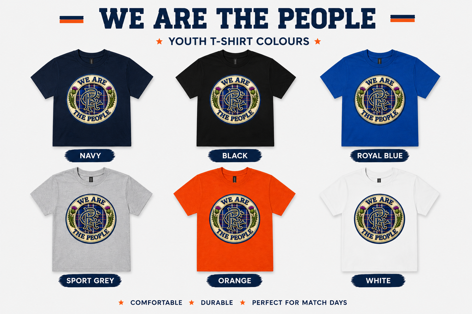 We Are The People youth t-shirt in navy with Scottish tartan crest design, styled in a football-themed flat lay with scarf, football, trainers and match day accessories.