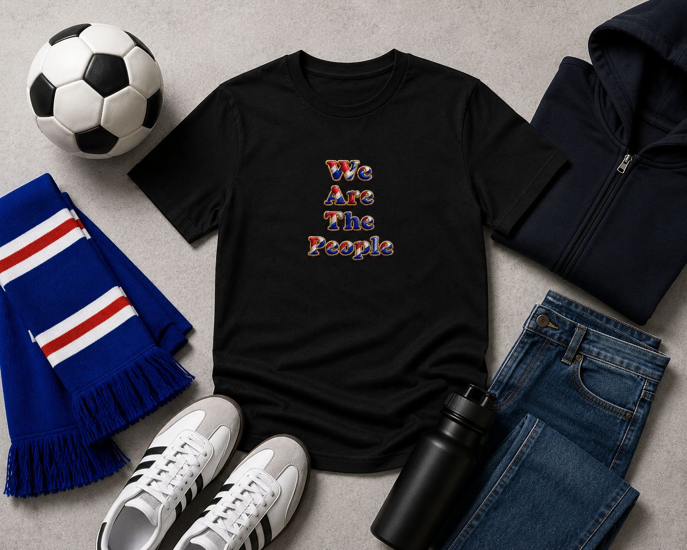 Black We Are The People youth t-shirt styled in a football supporter flat lay with scarf, football, hoodie, jeans, trainers and water bottle.