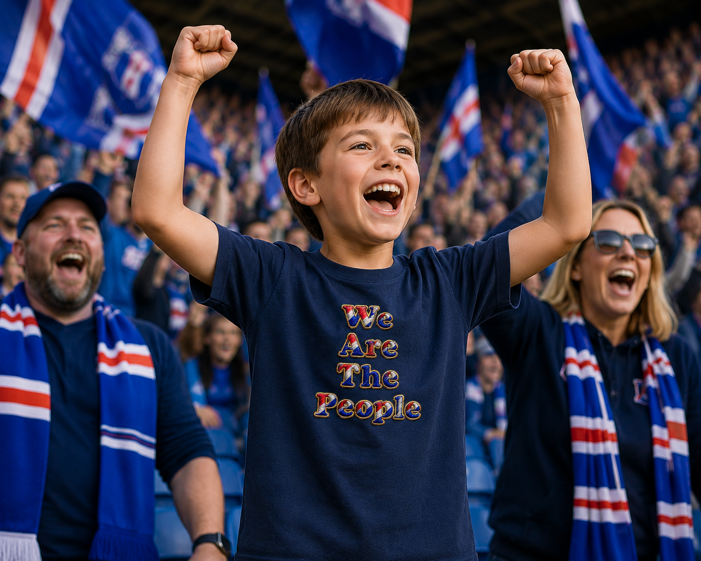 Young football fan celebrating on match day while wearing a navy We Are The People youth t-shirt featuring red, white and blue supporter-inspired lettering.