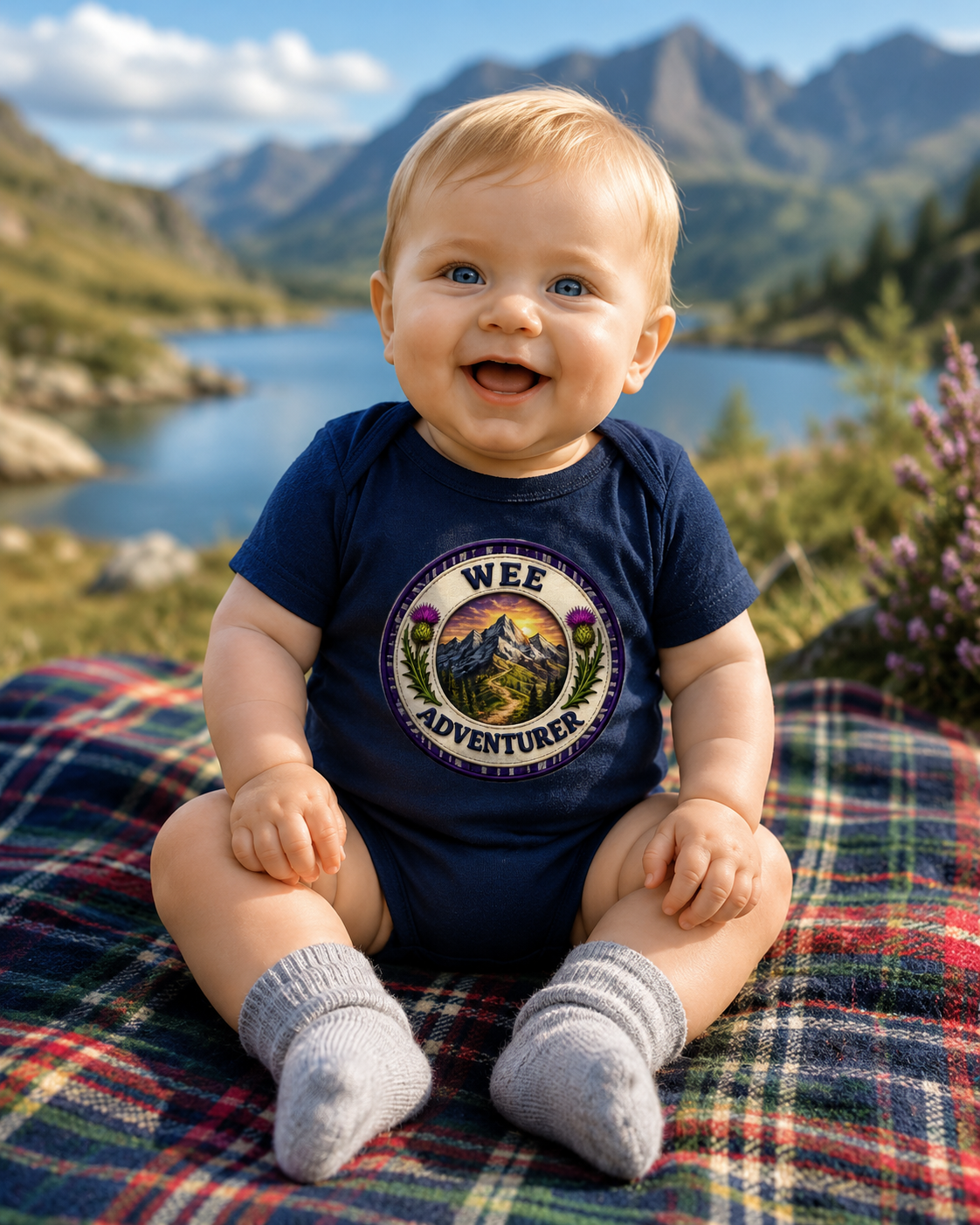 Navy Wee Adventurer baby bodysuit featuring a Scottish mountain and thistle badge design.