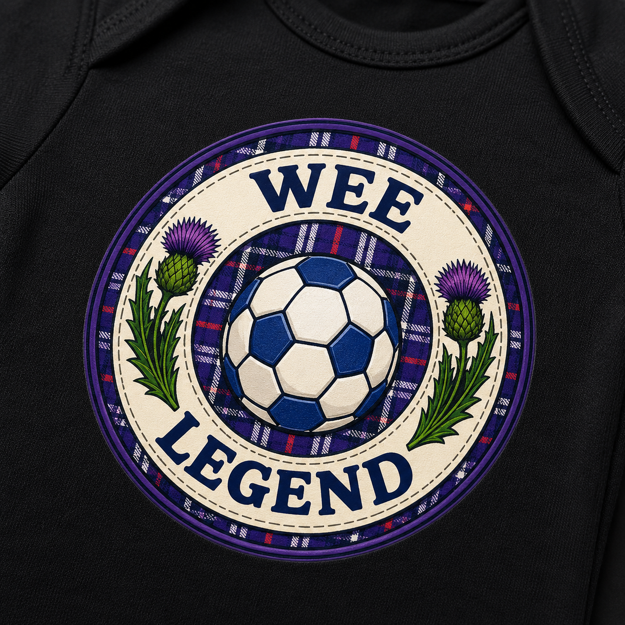Close-up of the Wee Legend football badge featuring Scottish thistles, tartan pattern and blue football.