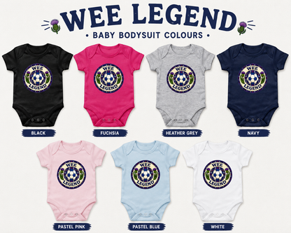 Wee Legend baby bodysuit available in black, fuchsia, heather grey, navy, pastel pink, pastel blue and white.