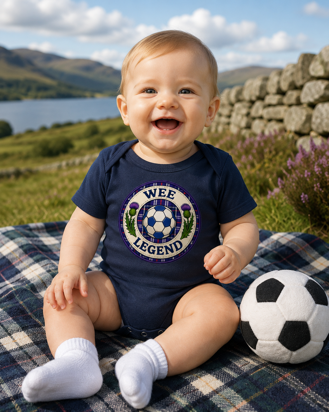 Baby wearing a navy Wee Legend football bodysuit playing outdoors with a football-themed toy.
