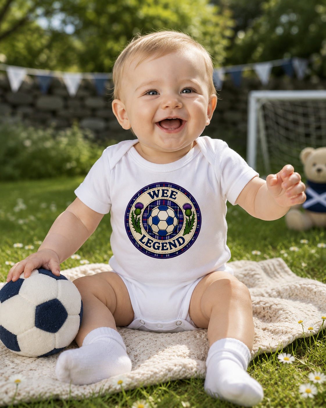 Baby wearing a white Wee Legend football bodysuit playing outdoors with a football-themed toy.