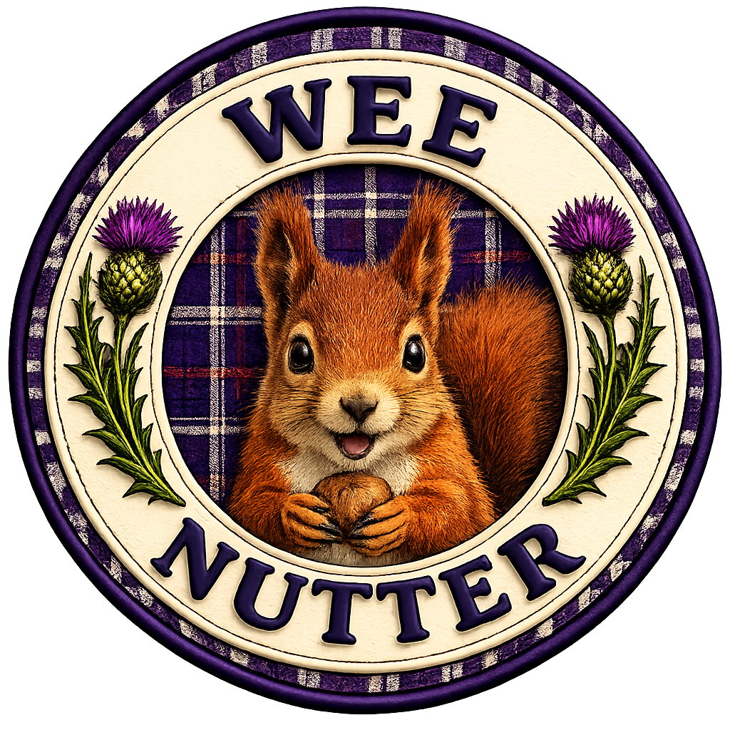 Close-up of the Wee Nutter squirrel badge featuring a red squirrel, tartan pattern and Scottish thistles.