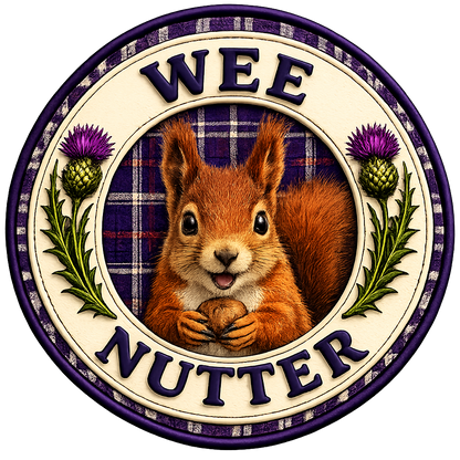 Close-up of the Wee Nutter squirrel badge featuring a red squirrel, tartan pattern and Scottish thistles.