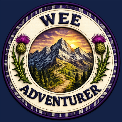 Close-up of the Wee Adventurer mountain badge design printed on youth t-shirt