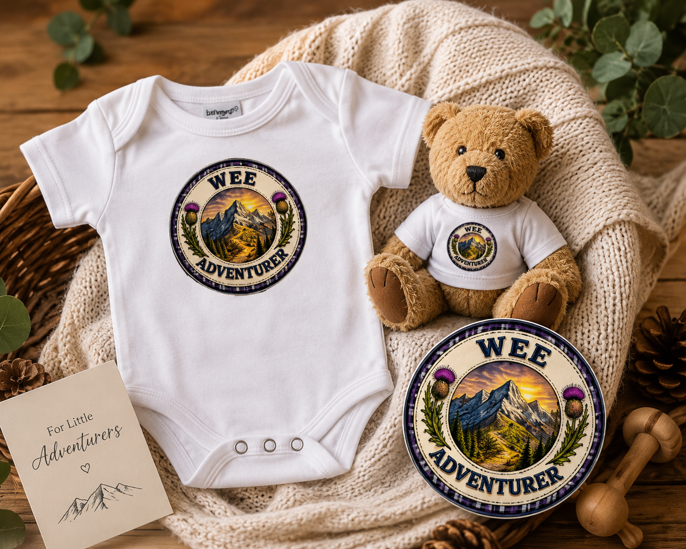 Wee Adventurer baby gift set displayed on a cosy knitted blanket with matching bodysuit, teddy bear and Scottish adventure badge artwork.