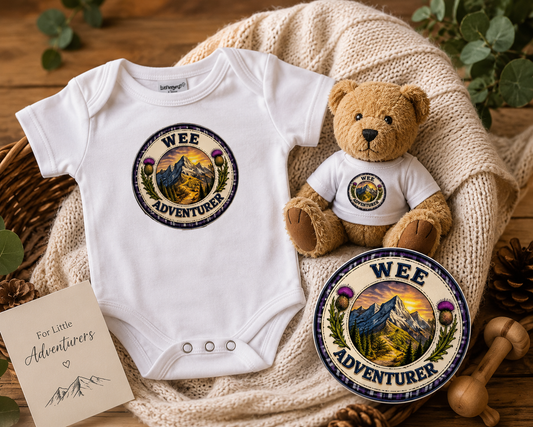 Wee Adventurer baby gift set displayed on a cosy knitted blanket with matching bodysuit, teddy bear and Scottish adventure badge artwork.