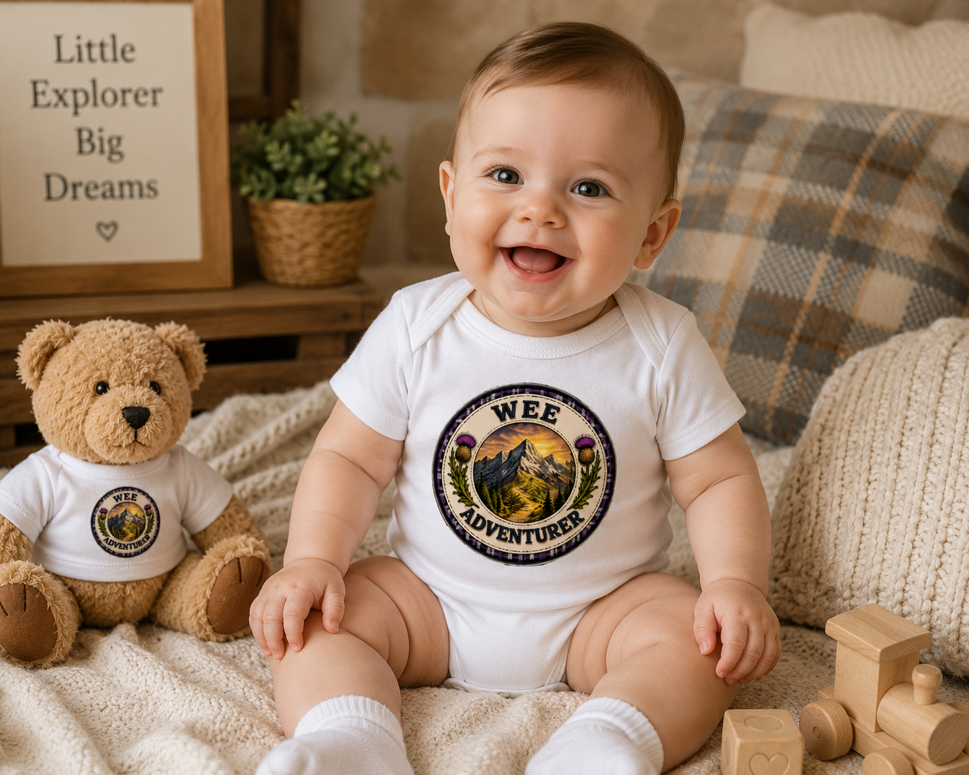 Wee Adventurer baby gift set including a matching baby bodysuit and teddy bear featuring the exclusive Scottish-inspired adventure badge design.