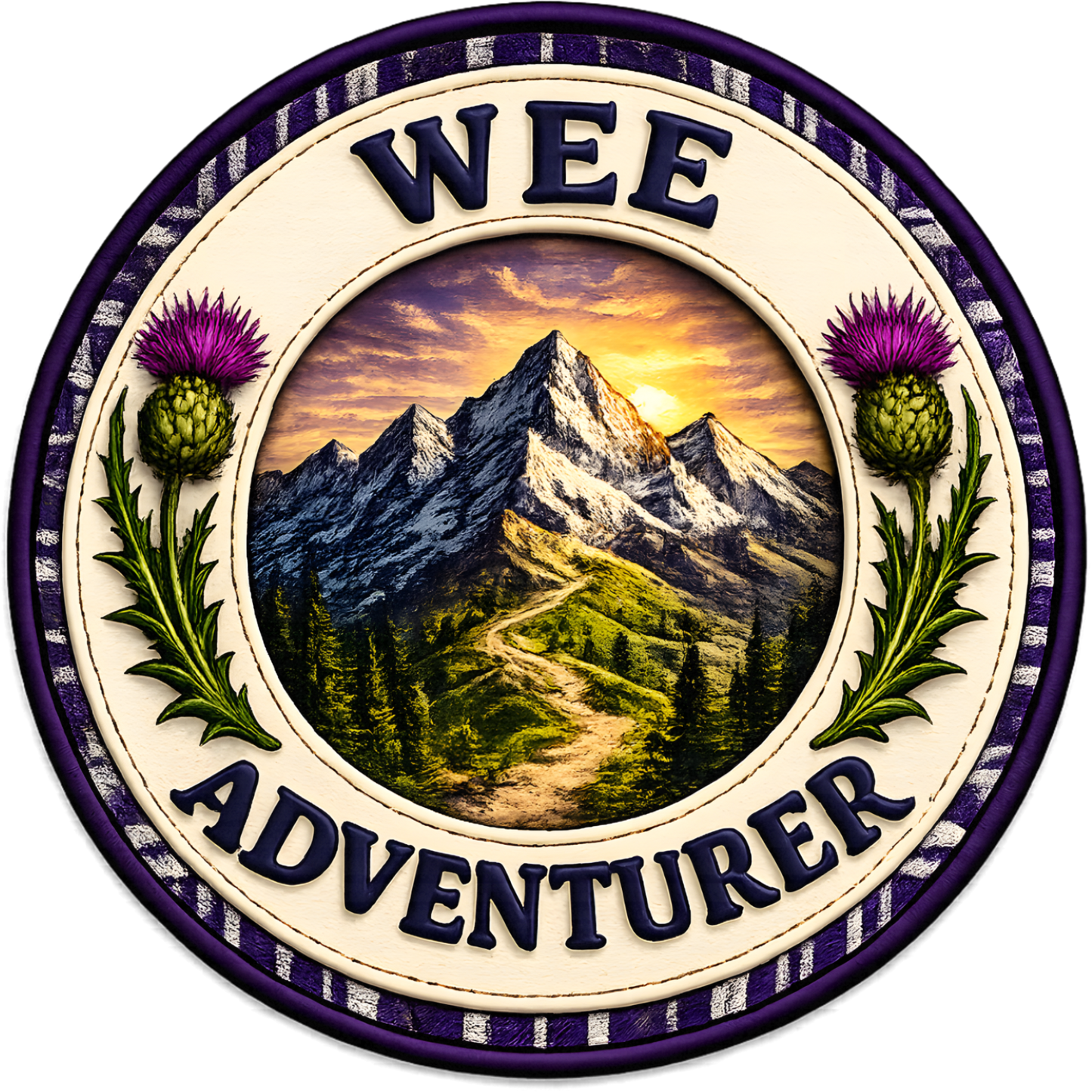 Close-up of the Wee Adventurer badge featuring mountain scenery, Scottish thistles and heritage-inspired lettering on a tartan pencil case.