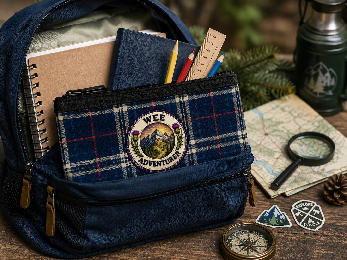 Wee Adventurer pencil case displayed with school supplies and creative stationery, featuring a Scottish tartan design and mountain adventure badge.